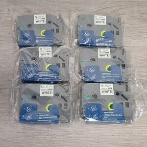 NEW 12 mm 1/2" Black Ink PT Laminated Tape White Lot Of 6